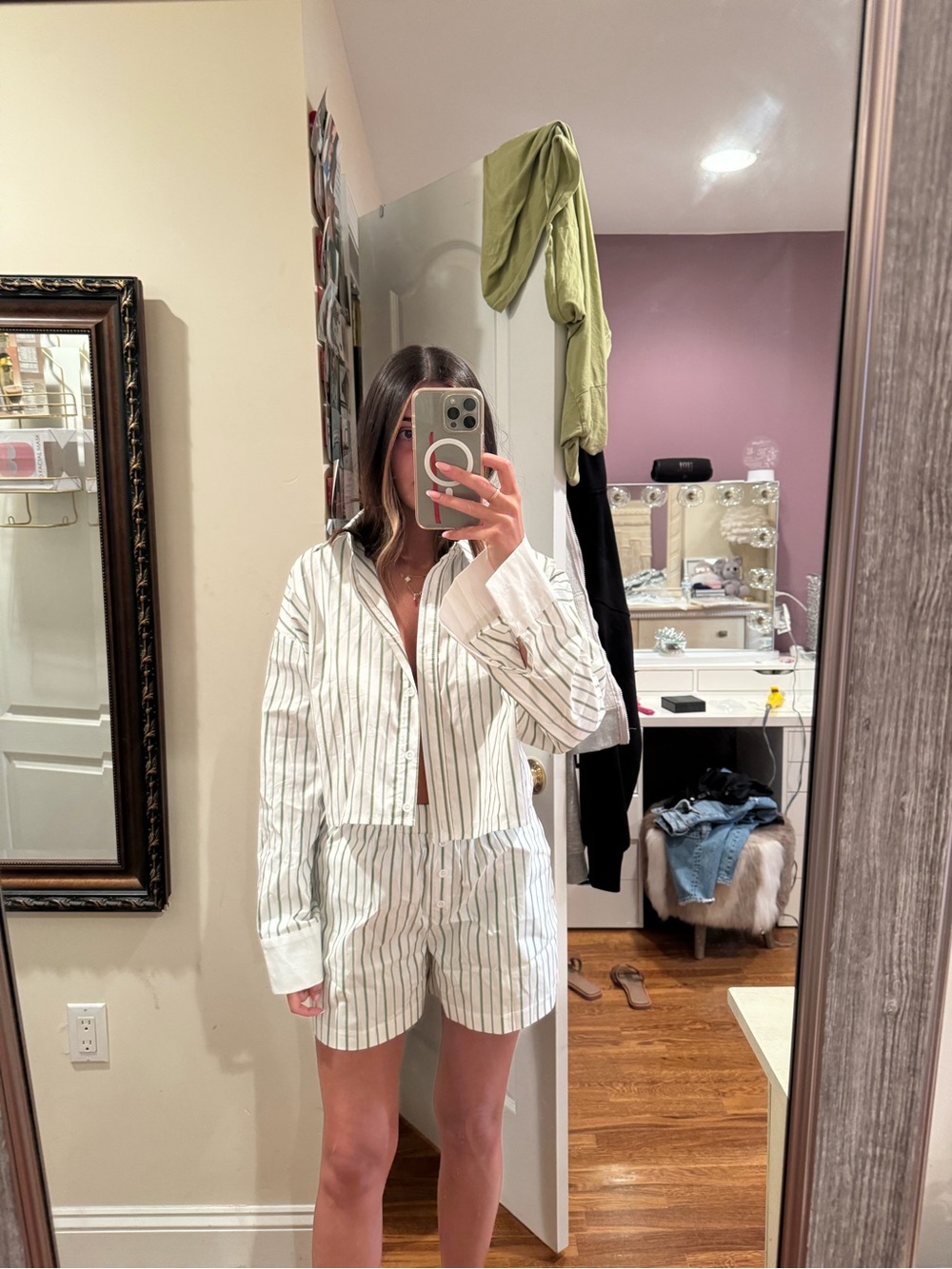 ASOS White with Thin Green and White stripe set
